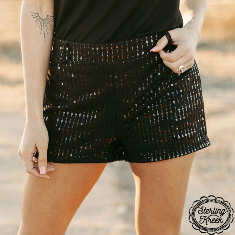 Sterling Kreek Black Sequin High Waist Shorts